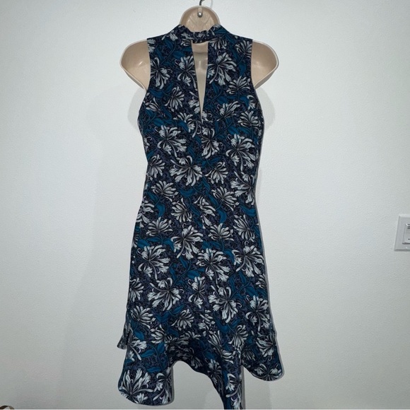 Rebecca Taylor Floral Mini Dress 4 Mystic Blue Mock Neck Sleeveless Ruffle Hem - Picture 6 of 12